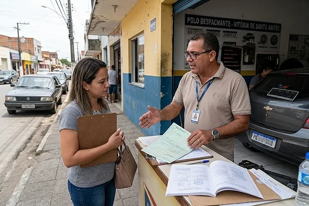 Despachante orientando cliente sobre licenciamento de veículo.